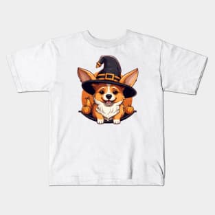 Corgi Witch Halloween Hat Pumpkin Costume Kids T-Shirt